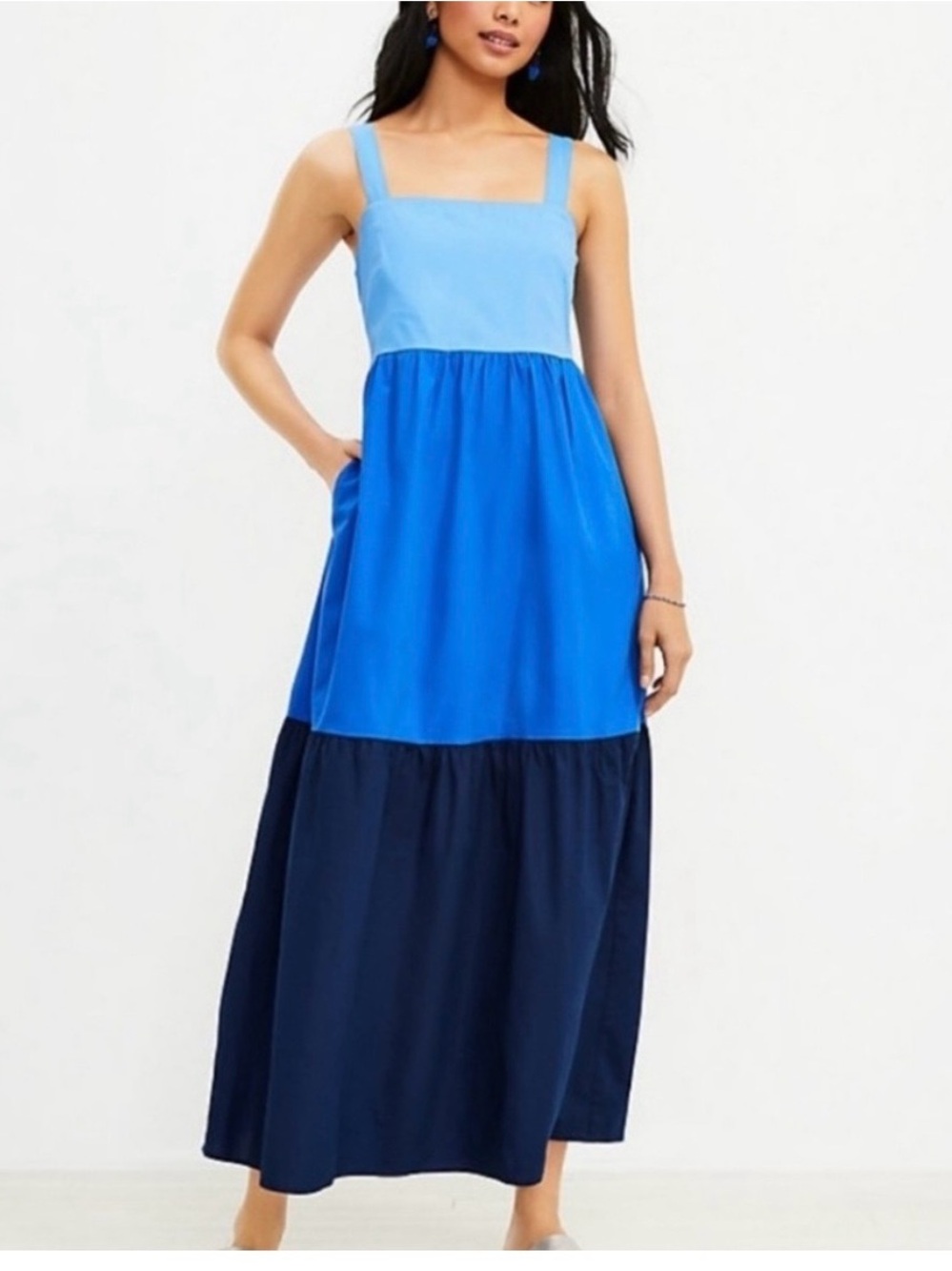 LOFT Three-Tier Blue Maxi Dress with Square Neckline